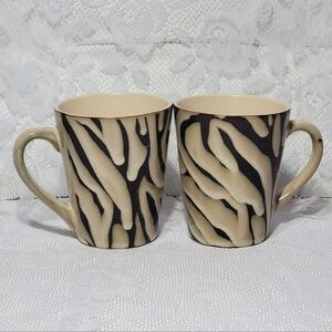 Set of 2 Vintage Soho Loft Stoneware Zebra Print Pattern Mugs Black Beige